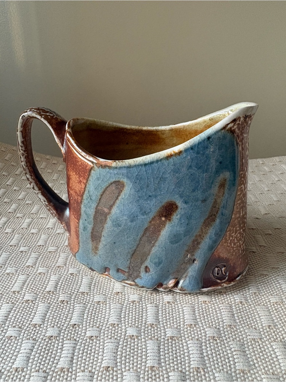 Handcrafted Creamer Artisan Pottery Signed in Blue and Brown Rustic Cottage